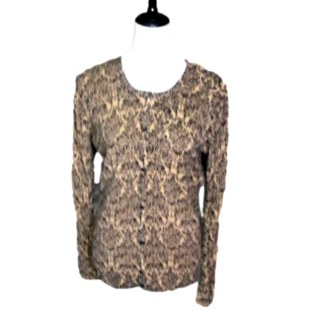 EVAN-PICONE Tan/Black Print Cardigan Sweater Size Large